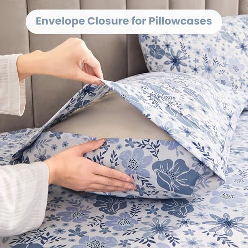 Image of Mooreeke Full Size Sheets Set - 4 Piece Soft Breathable Microfiber Bed Sheet Set - Blue & White Flower Pattern Sheet Set Full - Deep Pocket Non-Slip Floral Fitted Sheet Included for All Season