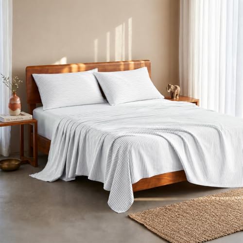 Image of LANE LINEN Cotton Bedsheet Double Queen - Ticking Stripe Cobalt Blue | GOTS Certified, Percale Weave, 90x100 inches, Soft & Breathable, Machine Washable, Includes 2 Pillow Covers