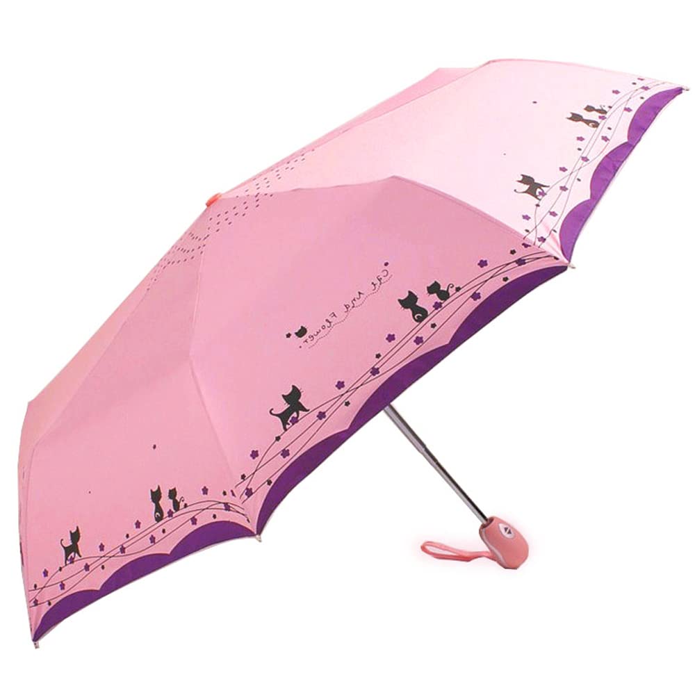SUNHUITOYWindproof Compact Travel Folding Cute Cat Umbrella,Auto Open Close Rain&Sun Lightweight Portable Umbrellas with Cover for Kids Women Men