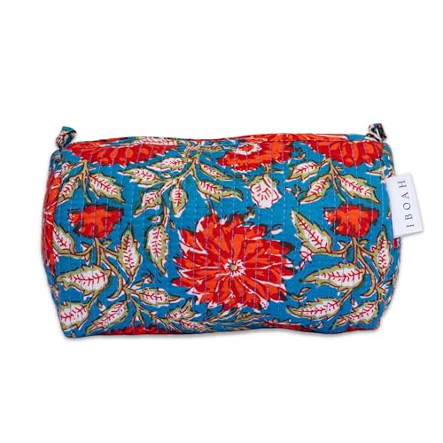 IBOAH Neceser de Viaje de Algodón Acolchado (Azul Flores Naranjas, M)