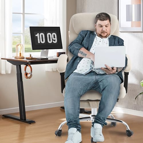 Image of 6-Point Massage Office Chair with Heated, Ergonomic Office Chair with Footrest & 45Reclining High Back, Big and Tall Executive Office Chair 500LBS, Thick Cushion Desk Chair for Home Office, Beige