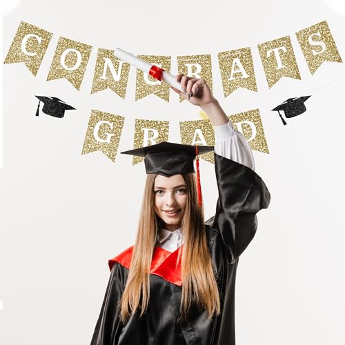 Image of Congrats Grad Banner Gold Glitter Pre-Strung Congrats Grad Sign Decorations - 8ft -No DIY - Graduation Party Decorations for Class of 2026 Graduation Decorations