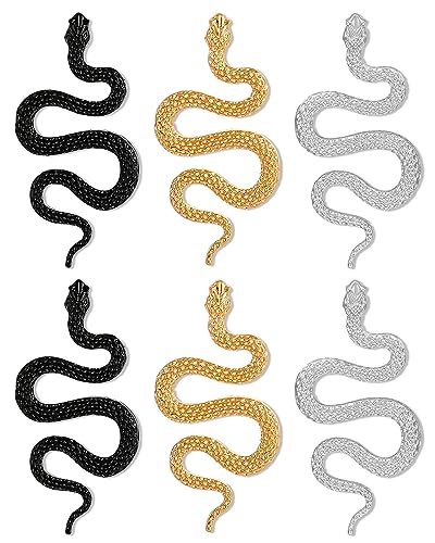 3 Pairs Snake Earrings Set - Gold, Silver, Black Punk Gothic Long Dangle Serpent Earrings - Curved Shaped Ear Studs - Accessories and Jewelry for Women