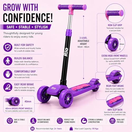 Image of MiniExplorer Rio Kids Kick Scooter for Boys & Girls 3-12 Years - Purple | Adjustable Height Foldable Scooter with Rear Brake & Anti-Slip Deck | 3 Wheel Outdoor Scooter for Kids