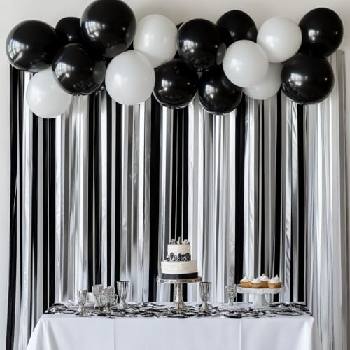 Image of 6 Silver Black Crepe Paper Streamers, 492ft Pack of Party Decorations | Each roll is 82 ft long and 1.8 Inch wide ideal for Birthday Party Decor, Wedding Decorations and Educational Ceremony
