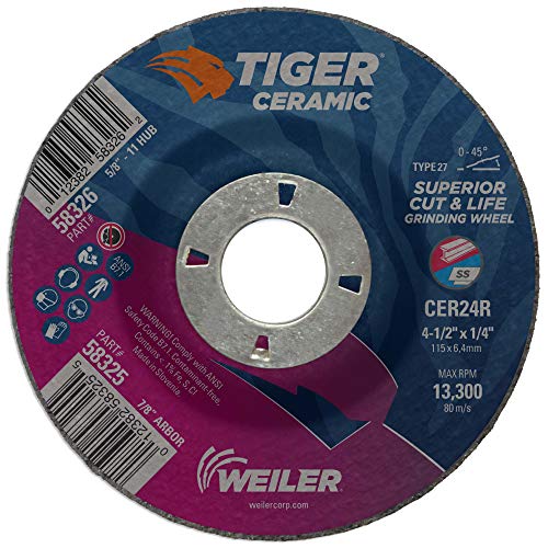 Image of Weiler 58325 4-1 /2 x 1 /4 Tiger Ceramic Type 27 Grinding Wheel CER24R 7 /8 A.H (Pack of 10)