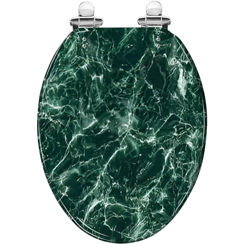 Elongated Toilet Seat Green Marble Texture Seamless Resin Toilet Seat Slow Quiet Close with Quick-Release Hinges Toilet Seat with Cover Easy to Clean Install