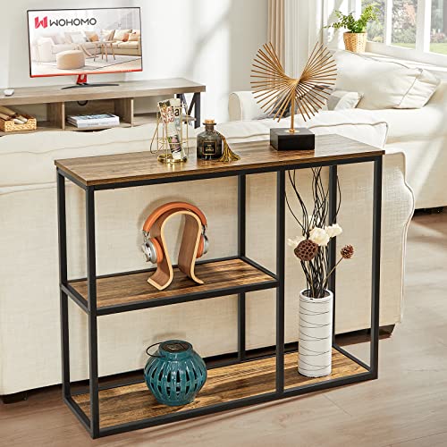 Image of WOHOMO Console Table, Modern Sofa Table with 3-Tier Storage Shelves, 12'' Narrow Industrial Entryway Table for Living Room, Corridor, Hallway, 31.5 inch x12''x31.5'' Rustic Walnut