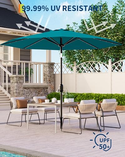 9 Ft Patio Umbrella with Solar Lights, 8 Ribs Outdoor Market Table Umbrella with 32 LED Lights & Tilt Crank for Pool, Deck, Backyard, Turquoise Blue