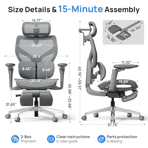 Image of Ergonomic Office Chair with Adaptive Dual-Wing Lumbar Support - Over 10 Hours Sitting Comfortable Mesh Big and Tall Home Desk Chair, 4D Headrest, 2-Gear Footrest, 630 Armrst, Seat Depth Adjustable