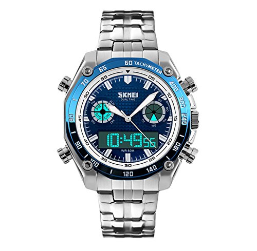 CALUXE Sports Watches Men Fashion LED Luxury Digital Watch Shock Resistant Stainless Steel Dual Display