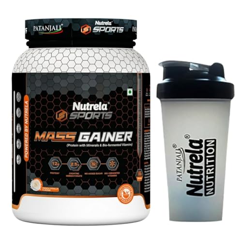 Nutrela Sports Mass Gainer Protein Powder 1 kg (Vanilla Ice Cream) with Shaker | With 2.5g Creatine, 33.1g Carbs & Biofermented Vitamins