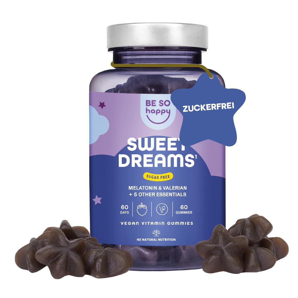 Melatonin Gummies 0,5mg für den Schlaf, 120 Tage. Extra Leckere mit Baldrian + Passionsblume + Kamille + Lavendel + Vitamin B6, Blaubeergeschmack, 60 leckere Gummibärchen, Vegan. BeSoHappy