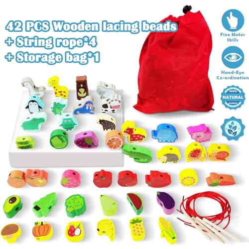 Image of 46 PCS Wooden Lacing Beads,Animals Fruits Threading Toys for Toddlers,Preschool Learning Lacing Toys,Montessori Educational Stringing Threading Beads Toys for Kids 3 4 5 6 Year Old Boys Girls