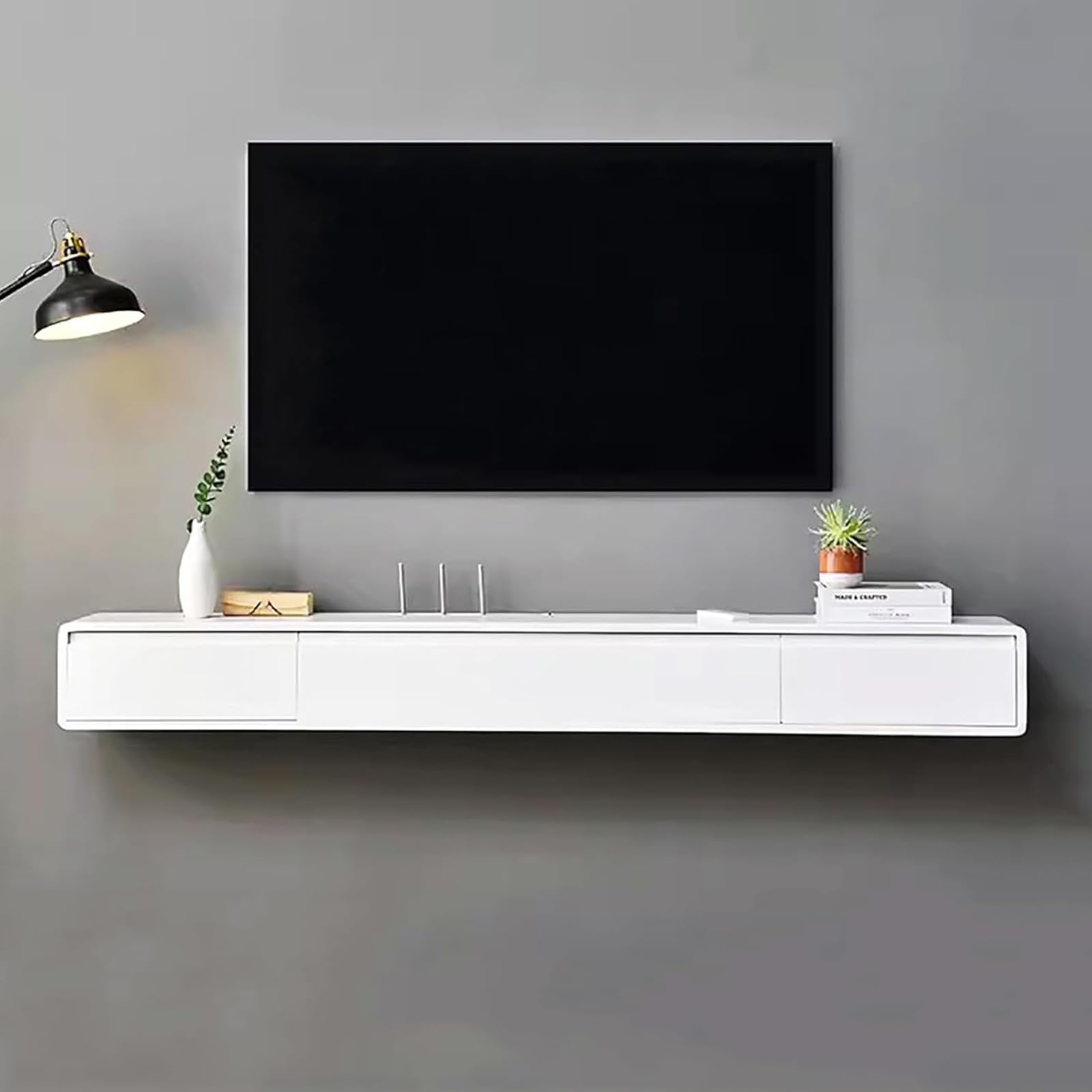 Pływający stojak na telewizor – stylowa konsola z drzwiami Stora Centralna szafka rozrywkowa do salonu 130 x 19,8 x 23,9 cm biała wys