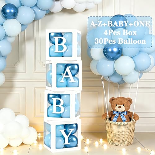 67Pcs Baby Shower Decorations Boxes Boy- Baby Shower Balloon Boxes with 30 Blue Balloons 33 Letters(ONE+BABY+A-Z) Blue Baby Box Party Balloon for Boy Birthday Party Decoration Christening DIY Name
