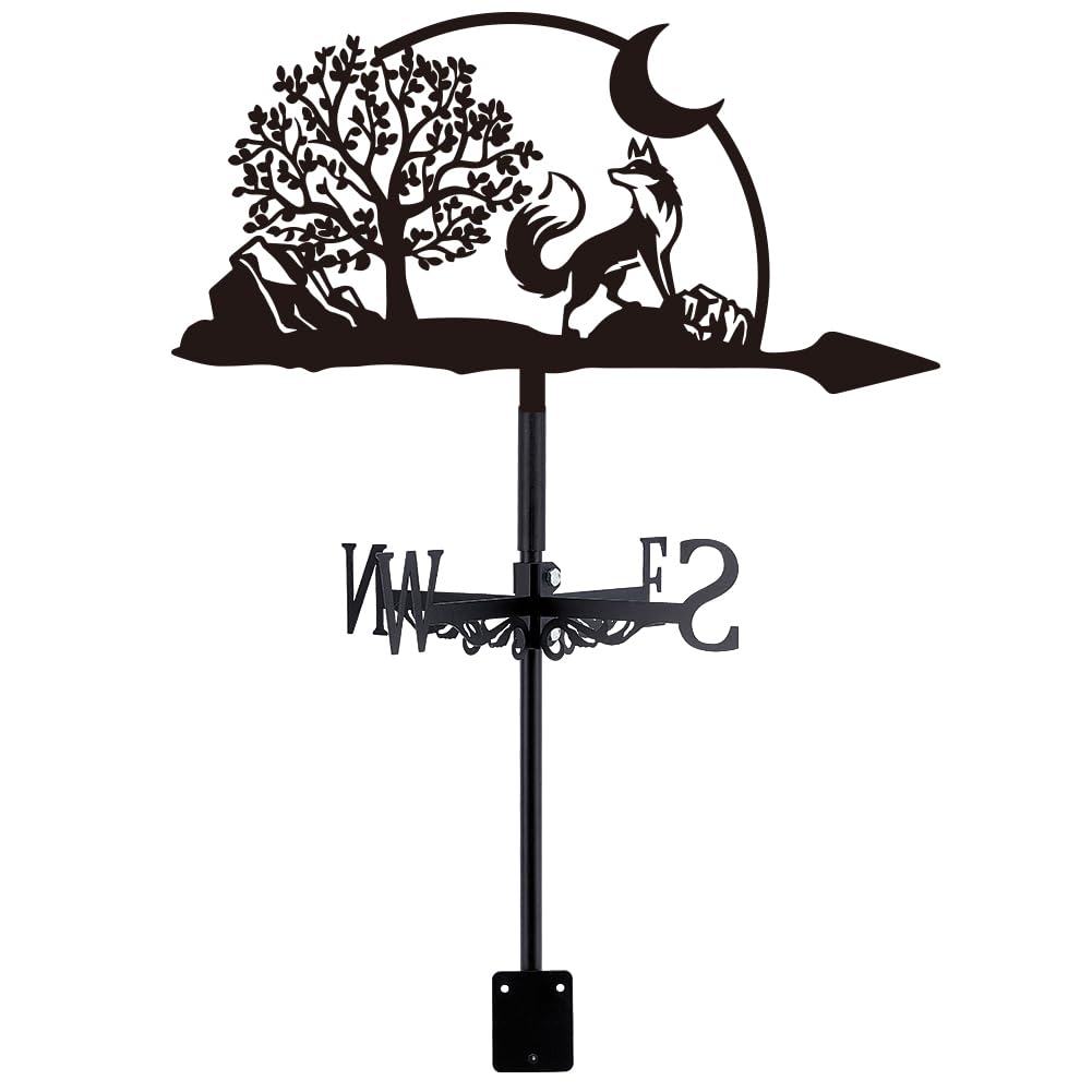 Fox and Moon Weather Vane for Roof Fox Metal Weathervane Tree Moon Wind Vanes for Sheds Black Wind Direction Indicator for Farmhouse Yard Farm Shed Garden Decoration