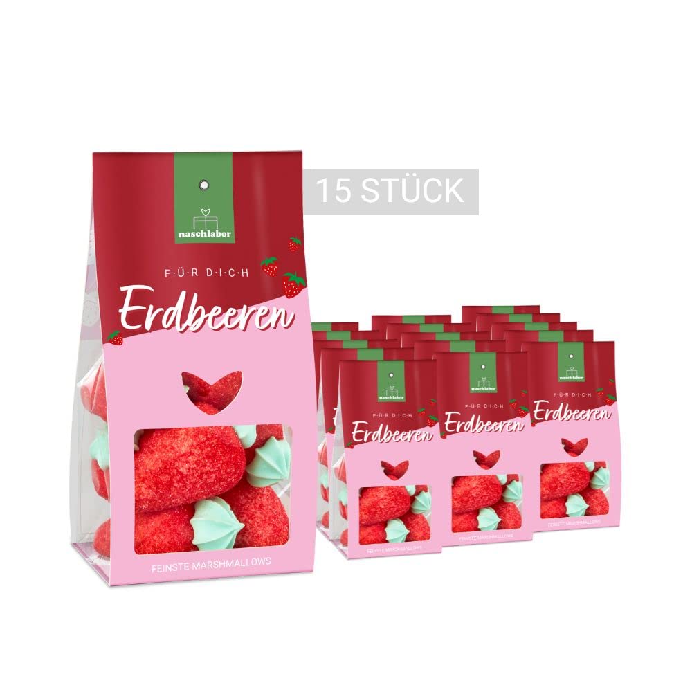 15 Stück Marshmallowtüte Erdbeere | Fluffig weiche Marshmallows in Erdbeerform für den Sommer | Zum Verschenken, selbst Naschen oder Dekorieren | Großpackung