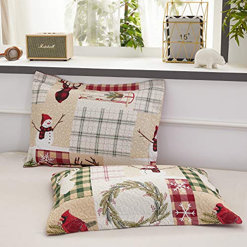 Christmas Quilt Set King Size Red Green Plaid Patchwork Quilt Set Lightweight Bedspread Coverlet Snowman Pattern Bedding Bed Set Gift for Kids Girls Adults,1 Quilt,2 Pillow Shams