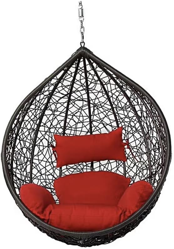 Image of Single Seater Swing Chair with Stand & Cushion Outdoor Indoor Balcony Garden Patio, Powder Coated Frame, UV-Protected Wicker, Premium Cushion, Swing Chair (Black-RED)