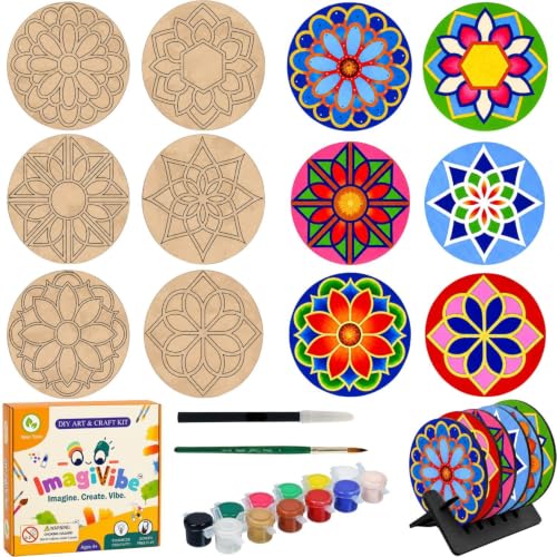 Image of ImagiVibe Premium Mandala Coaster Painting Kit for Kids & Adults | DIY Mandala Art | 6 Pre-Marked Wooden 4 Inch MDF Coasters with Stand | Creative Art & Craft Activity | Gift (Mandala - Tempera Paint)
