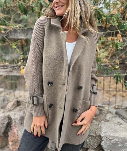 SOMTHRON Women's Winter Wool Trench Coat Knit Patchwork Sleeve Double Btrasted Notch Lapel Peacoat Cardigan4