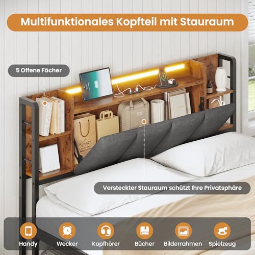 AOGLLATI Bettgestell 140x200 mit LED-Beleuchtung und USB-Ladefunktion, Metallbett Bettrahmen mit Stauraum-Kopfteil Bett mit Gepolstertem Kopfteil Jugendbett Doppelbett mit Lattenrost(140 x 200 cm) – Bild 5