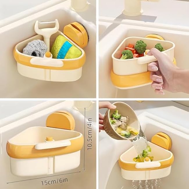 Suction Cup Sink Corner Rack, Press Automatic Dumping Sink Strainer Basket, Space-Saving Kitchen and Bathroom Organizer for Kitchen Bathroom Dishware (Yellow + Green,2Pcs)