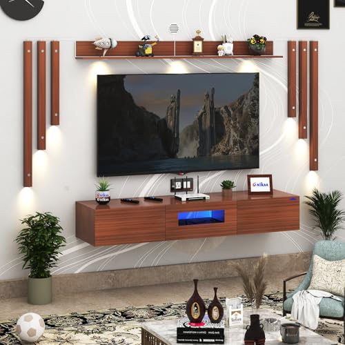 Image of Anikaa LucenNote Engineered Wood Wall Mount TV Unit with Acrylic Blue LED Storage Box, Wooden Accent Spotlight Panels for Living Room, Fits Up to 50 Inch TV, Walnut DIY Installation