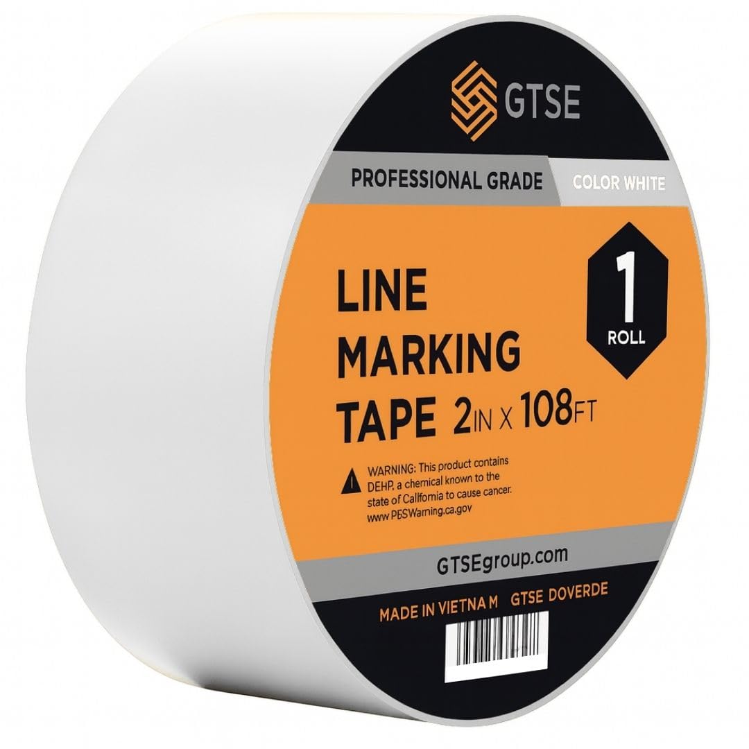GTSE 2 inch x 108 ft White PVC Vinyl Floor Tape, Safety Marking Tape, 6 mil Thick, Suitable for Dance Floors, Gyms, Warehouses, Sports Facilities