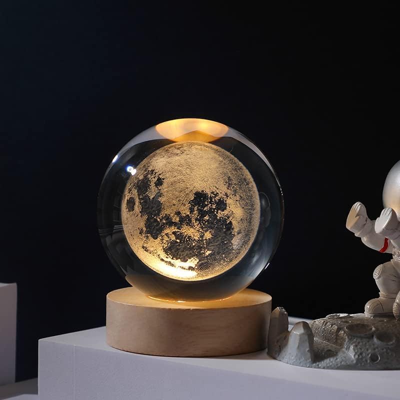 Image of 3D Moon Crystal Ball Night Lamp, Creative Engraved Crystal Ball Night Light, USB Table LED Wooden for Home Decoration Birthday Gift for Teens, Boys, Girls (Moon)(Warm White)