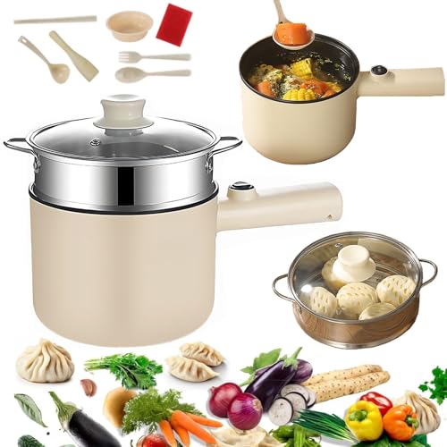 Olla caliente eléctrica, olla de ramen, mini olla portátil multifuncional de doble potencia para pasta, fideos, huevos, sopa, olla antiadherente con protección contra hervir en seco para dormitorio