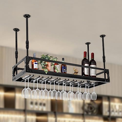 Industrial Bar Floating Shelf Vintage Metal Wine Holder - Ceiling Mounted Hanging Rack for Bottle and Glass - Home Bar Cafe Kitchen Restaurant Display (Black)