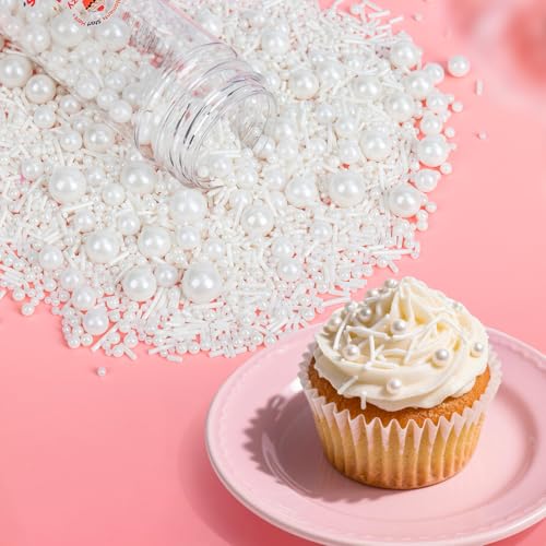 Image of Edible White Sprinkles for Cake Decorating,Edible Pearl Jimmies Sugar Mix Size 130g /4.58oz,Baking Candy Decorations,Cupcake Toppers,Cookie Donuts Ice Cream Dessert Decorating,Wedding Birthday Party Supplies