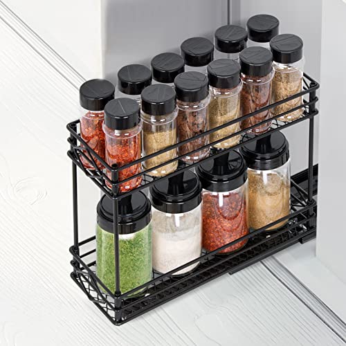 Estantería para especias, estante para especias extraíble, armario de cocina, organizador con armario, estante de almacenamiento, estante de 2 niveles, ingredientes, vasos (negro-28 x 11 x 23 cm)