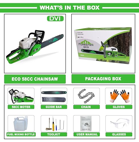 Image of DVI Heavy Duty Forester Chainsaw With 2 Stroke 58CC Air Cooled Petrol Engine Power With 22 inch inch Blade /Bar Ideal Use For Farm, Garden Tree Cutting, Wood Cutting. (DVI 58CC FORESTER CHAINSAW)