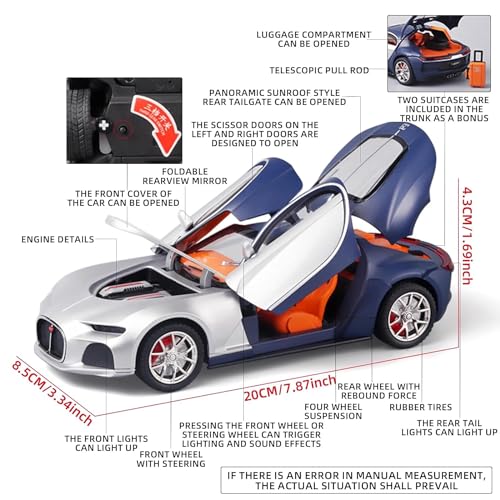 Image of 1:24 Big Bugatti Atlantic Souna Toy Car Metal Pull Back Diecast Car with Openable Door and Sound Light, Gifts Toys for Kids【 Black /Silver】