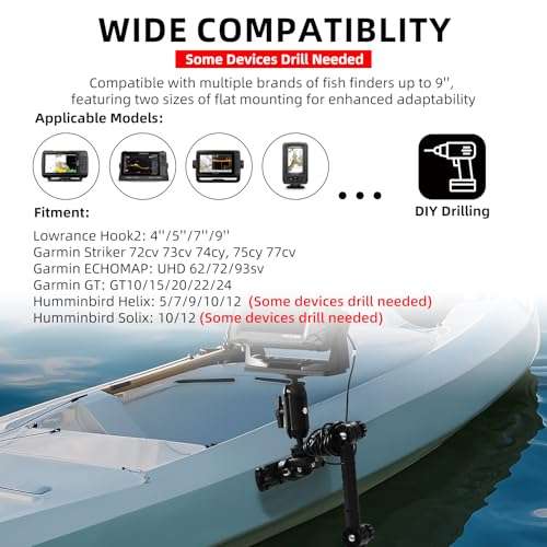 Image of HITORHIKE Kayak Fish Finder Mount with Transducer Arm Options Holds up to 9 inch Electronics Compatible with Garmin Lowrance Humminbird(Side Track Mount Base Pro Max Set with Arms and A Track)