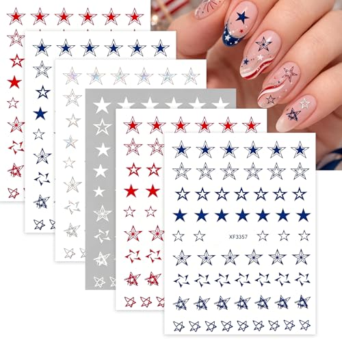 6 Sheets Red Blue White Star Nail Stickers Self-Adhesive 4th of July Irregular Star Nail Decals (Red White Blue)