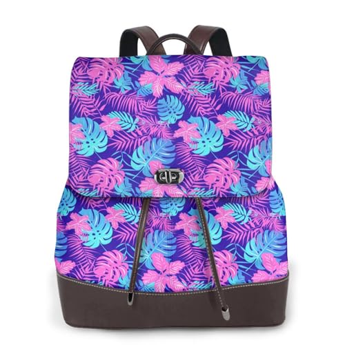 Tropical Hawaii Neon Palm Leav Microfiber PU Leather Backpack