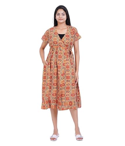 MENMAII Cotton Wrap Dress [Size - L- 4XL ] - Full Open Multipurpose Night Gown -a Kind of Adaptive Clothing with Pocket for Women |Full Length [Sandle Ajrack -3XL/Calf Length]