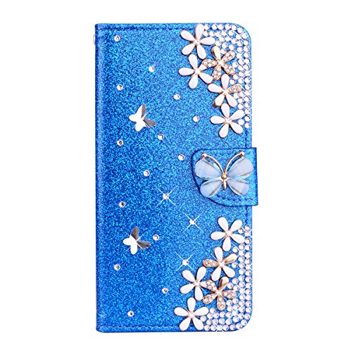 Portafoglio Diamante per Huawei P8 lite 2017 3D Bling Bling Glitter Brillantini Brillante Blu Custodia Case Libro Leather Flip Protettiva Portafoglio, ID Slot per Scheda, Cover per Huawei P8 lite 2017
