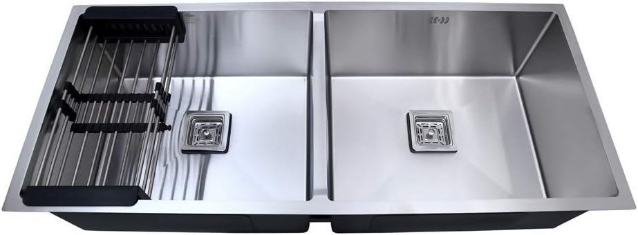 BLACKADO Double Bowl Handmade Rectangular Sink 304 Grade Stainless Steel Drainboard Satin Finish Modular Kitchen Accessories Sinks (45x20x10, 45x20x10)