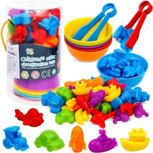 Image of Counting Transport Matching Game Color Sorting Toys with Bowls Montessori STEM Sensory Training Early Educational Preschool Learning Toy Gift for Toddlers Kids Ages 3 4 5 6 (Transport)