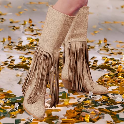 Rhinestone Cowboy Boots Fringe Knee High Cowgirl Boots Sparkly Cowboy Boots Glitter Sparkle Cowgirl Boots 6