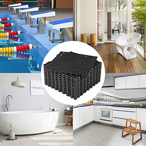 Image of ToLanbbt Modular Interlocking Cushion 12P 11.8 inch x 11.8 inch Interlocking Rubber Floor Drain Holes Non-Slip Splicing Drainage Mats for Deck, Shower, Kitchen, Drain Pool, Sauna Bath, Indoor Outdoor (Black)
