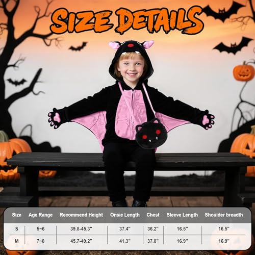 Image of Halloween Bat Costume for Girls, Kids Onesie Costume with Bat Wings, Ears, Paws, Candy Bag, Cute Animal Costume, Dress-Up, Birthday or Any Occasion (5-6Years)