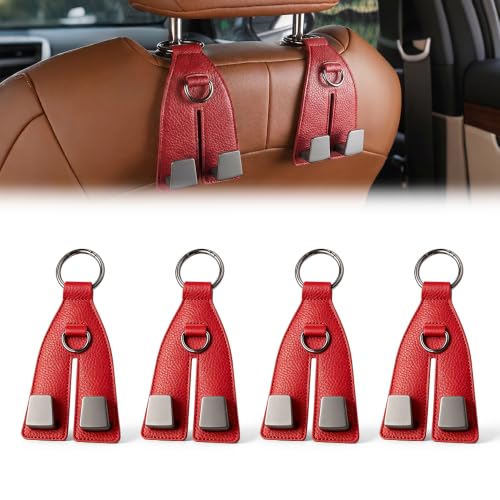 Image of Premium Leather Wrapped Design (Red, 4pcs) | Double Hook Storage | Space Saving Car Organizer | Easy Headrest Installation