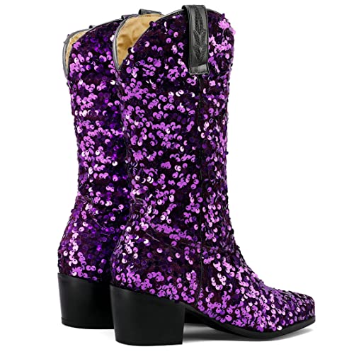 KISSASA Sequin Sparkly Mid Calf Cowboy Boots Glitter Wedding Chunky Heeled Cowgirl Boots3