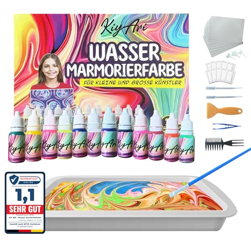 Wasser-Marmorierfarben-Set – 12 kräftige Farben & 10 A4-Blätter – Bastelset für Kinder ab 6 Jahren | Kreatives DIY Malset zum Malen auf Wasser | Sicheres Geschenk für Jungen, Mädchen & Erwachsene